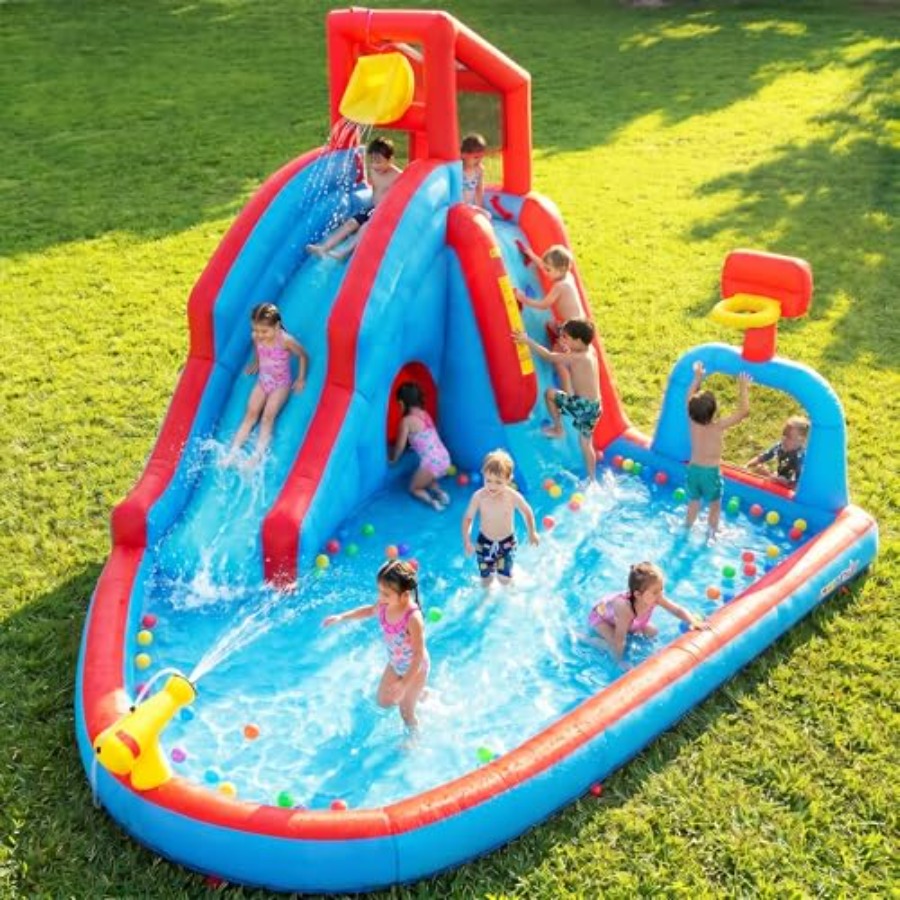 Kids Outdoor Climbing - สไลเดอร์น้ำเป่าลมกลางแจ้งสำหรับเด็กในสวนหลังบ้าน: วัสดุ PVC สีฟ้าและสีเหลือง พร้อมผนังปีนป่าย และสไลเดอร์ยาว