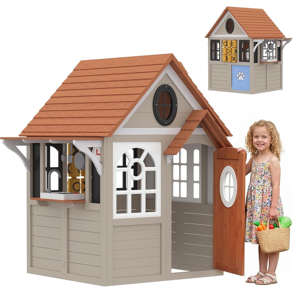 Qaba Kids Outdoor Playhouse - บ้านเด็กเล่นกลางแจ้ง Qaba ทำจากไม้ พร้อมประตูสำหรับสุนัข เหมาะสำหรับเด็กอายุ 2