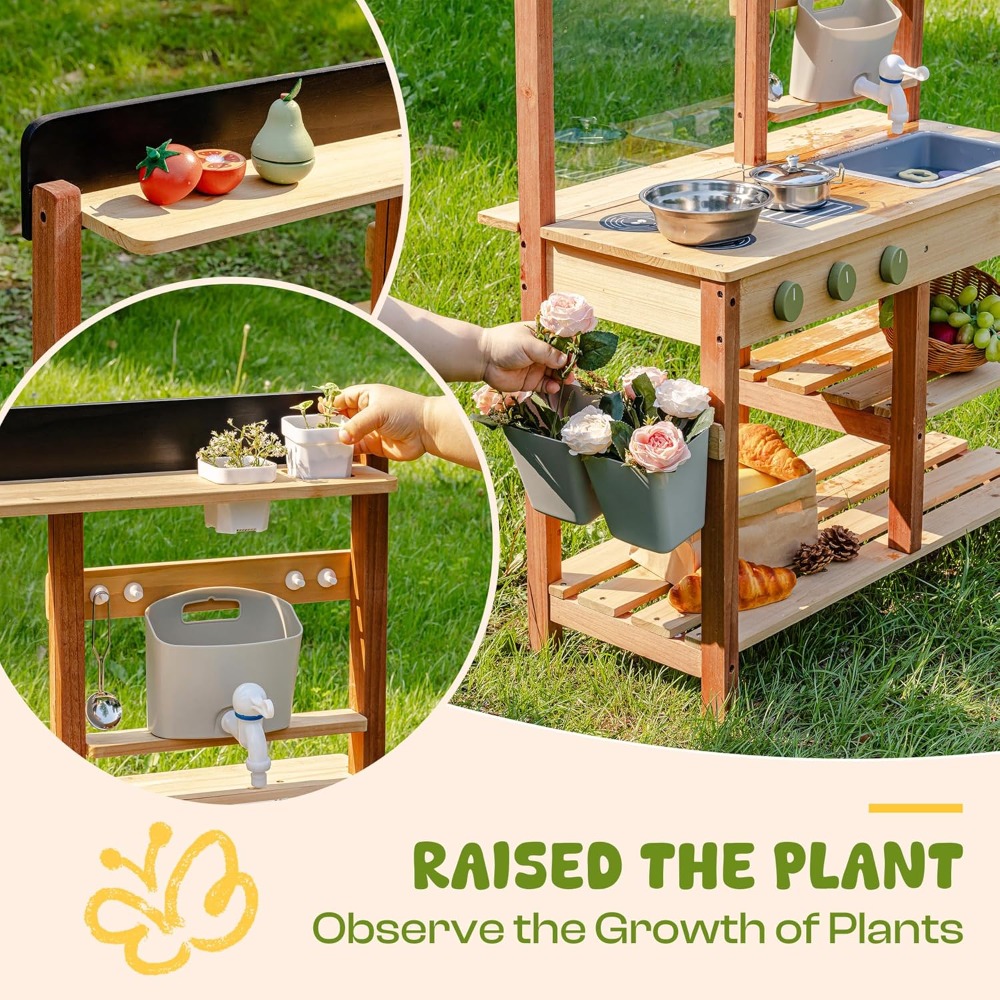 Kids Outdoor Mud Kitchen - ชุดครัวไม้สำหรับเด็กเล่นกลางแจ้ง พร้อมอ่างล้างจานแบบมีน้ำไหล กระถางปลูกต้นไม้ และอุปกรณ์ทำอาหาร จัดส่งจากสหรัฐอเมริกา