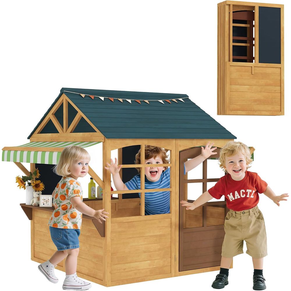 Qaba Kids Outdoor Playhouse - บ้านเด็กเล่นกลางแจ้งแบบพับได้ Qaba พร้อมหน้าต่าง สำหรับเด็กอายุ 3-8 ปี