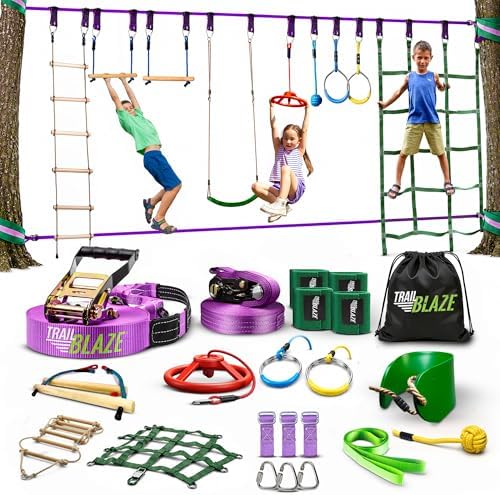 Kids Outdoor Monkey Bars - สนามกีฬาผจญภัยสำหรับเด็ก - ชุดกิจกรรมกลางแจ้งขนาด 2x55 ฟุต ประกอบด้วยสลักไลน์