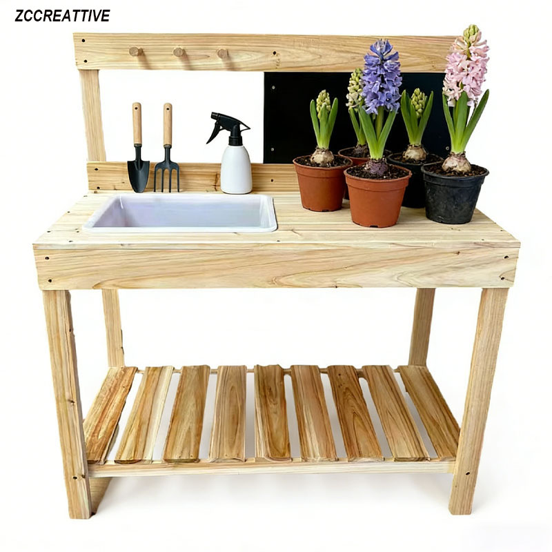 Kids Outdoor Mud Kitchen - ZCCREATTIVE โต๊ะปลูกต้นไม้ไม้สำหรับเด็ก โต๊ะทำงานในสวน ครัวโคลนกลางแจ้ง อุปกรณ์การเรียนรู้วิทยาศาสตร์สำหรับเด็ก