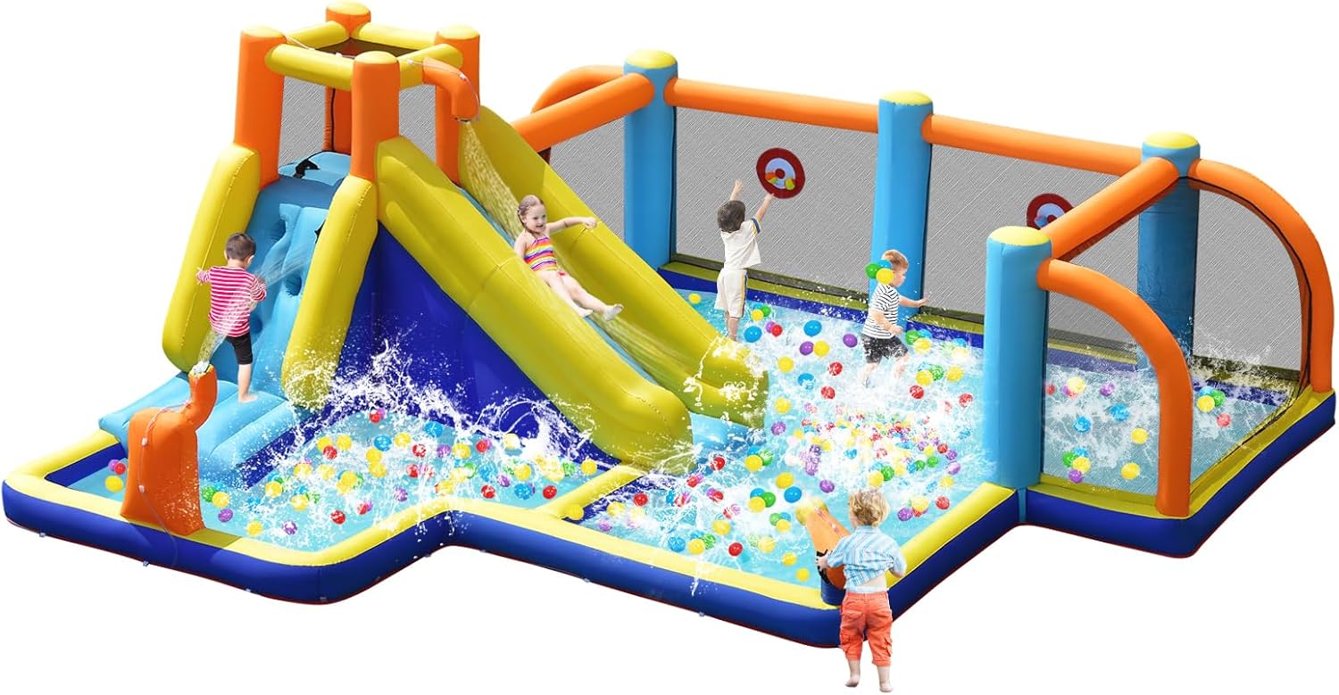 Kids Outdoor Climbing - สไลเดอร์น้ำเป่าลมขนาดใหญ่พร้อมประตูฟุตบอล สระน้ำ และผนังปีนป่าย - สวนน้ำเป่าลมกลางแจ้งสำหรับเด็กและผู้ใหญ่ ความสนุกสนานในสวนหลังบ้าน