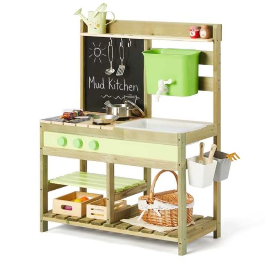 Kids Outdoor Mud Kitchen - ชุดครัวโคลนกลางแจ้งสำหรับเด็ก: ชุดของเล่นไม้พร้อมอ่างน้ำขนาด 4.8 ลิตร ของเล่นโต๊ะทรายและน้ำ สีไม้ธรรมชาติ