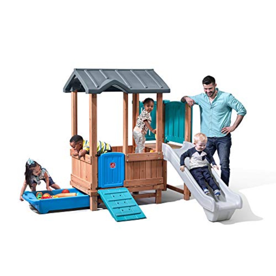 Kids Outdoor Slide Set - บ้านเด็กเล่นและสไลเดอร์ในป่า, ชุดของเล่นกลางแจ้งสำหรับเด็ก, ชุดสนามเด็กเล่นในสวนหลังบ้าน, ชิงช้า, ลิ้นชักเก็บของ, ทำจากไม้และวัสดุทนทาน