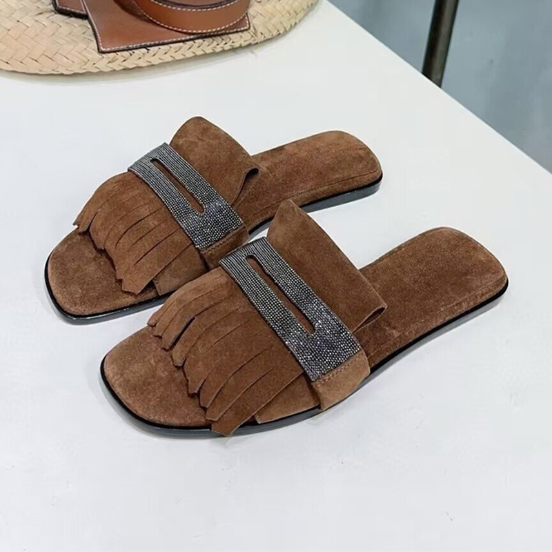 Kids Outdoor Shoes - โลหะลูกปัดตกแต่งเด็ก Suede Tassels รองเท้าแตะด้านล่างแบนผู้หญิงเปิดนิ้วเท้ารองเท้าแตะขี้เกียจสุภาพสตรีฤดูร้อนกลางแจ้งรองเท้า
