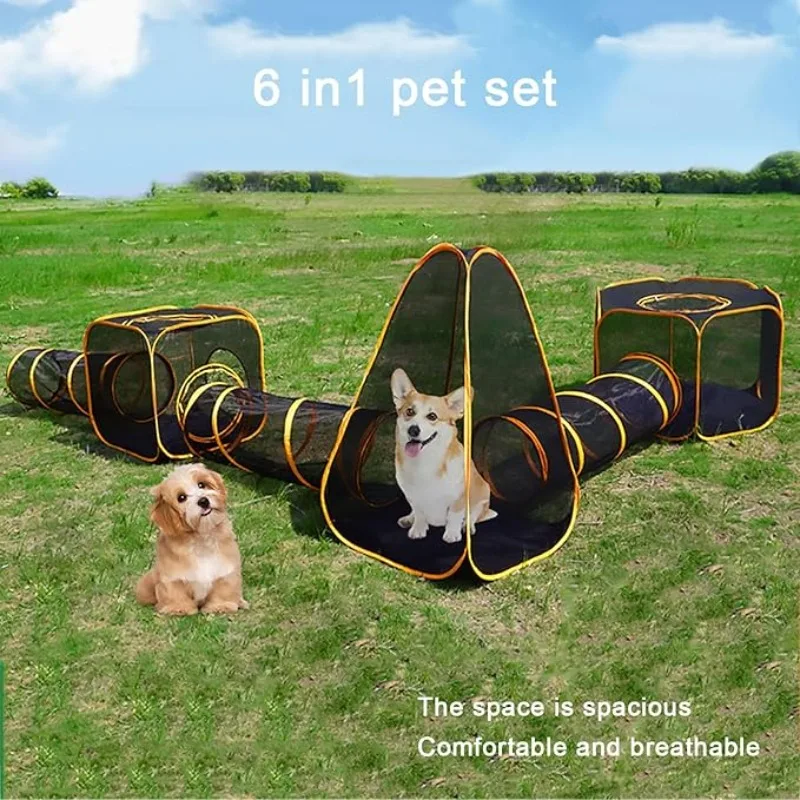 Outdoor Tent Playhouse - เต็นท์แมว 6-in-1 พร้อมอุโมงค์ สำหรับใช้ในร่มและกลางแจ้ง คอกกั้นแบบพกพา เต็นท์เล่นสำหรับแมว