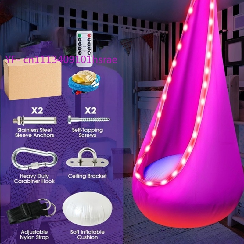 Kids Outdoor Hammock Swing - เปลญวนเป่าลม LED เรืองแสง พกพาสะดวก เก้าอี้แขวนผ้ากำมะหยี่ ใช้ได้ทั้งในบ้านและนอกบ้าน