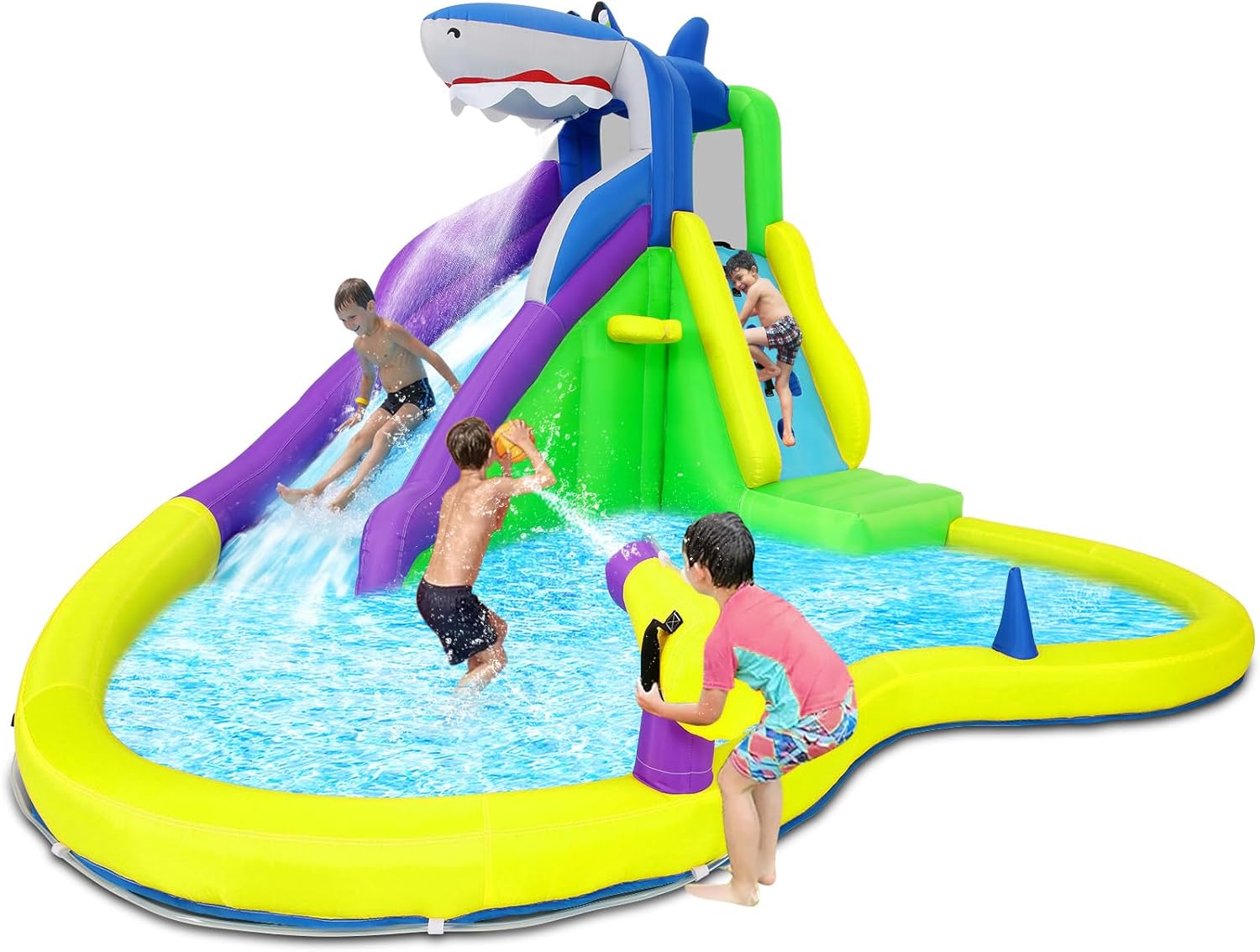Kids Outdoor Climbing - บ้านลมเป่าลมขนาด 13x14 ฟุต พร้อมสไลเดอร์น้ำ กำแพงปีนป่าย ปืนฉีดน้ำ