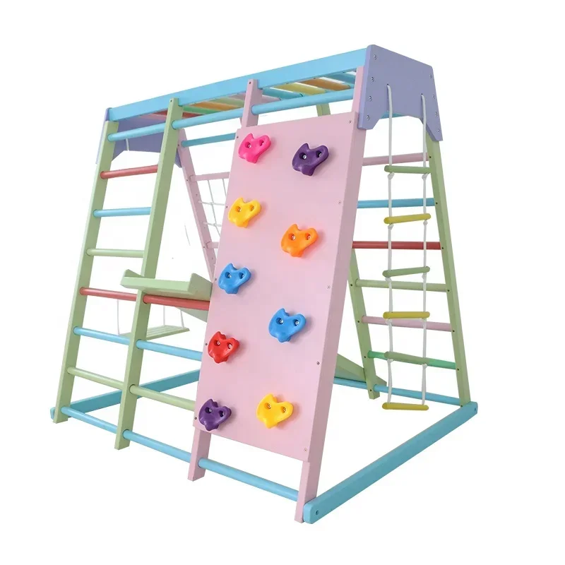 Kids Outdoor Slide Set - ชุดเครื่องเล่นปีนป่ายไม้สำหรับเด็ก พร้อมชิงช้า สไลเดอร์ และอุปกรณ์ออกกำลังกายกลางแจ้ง สำหรับใช้ในบ้านและโรงเรียน